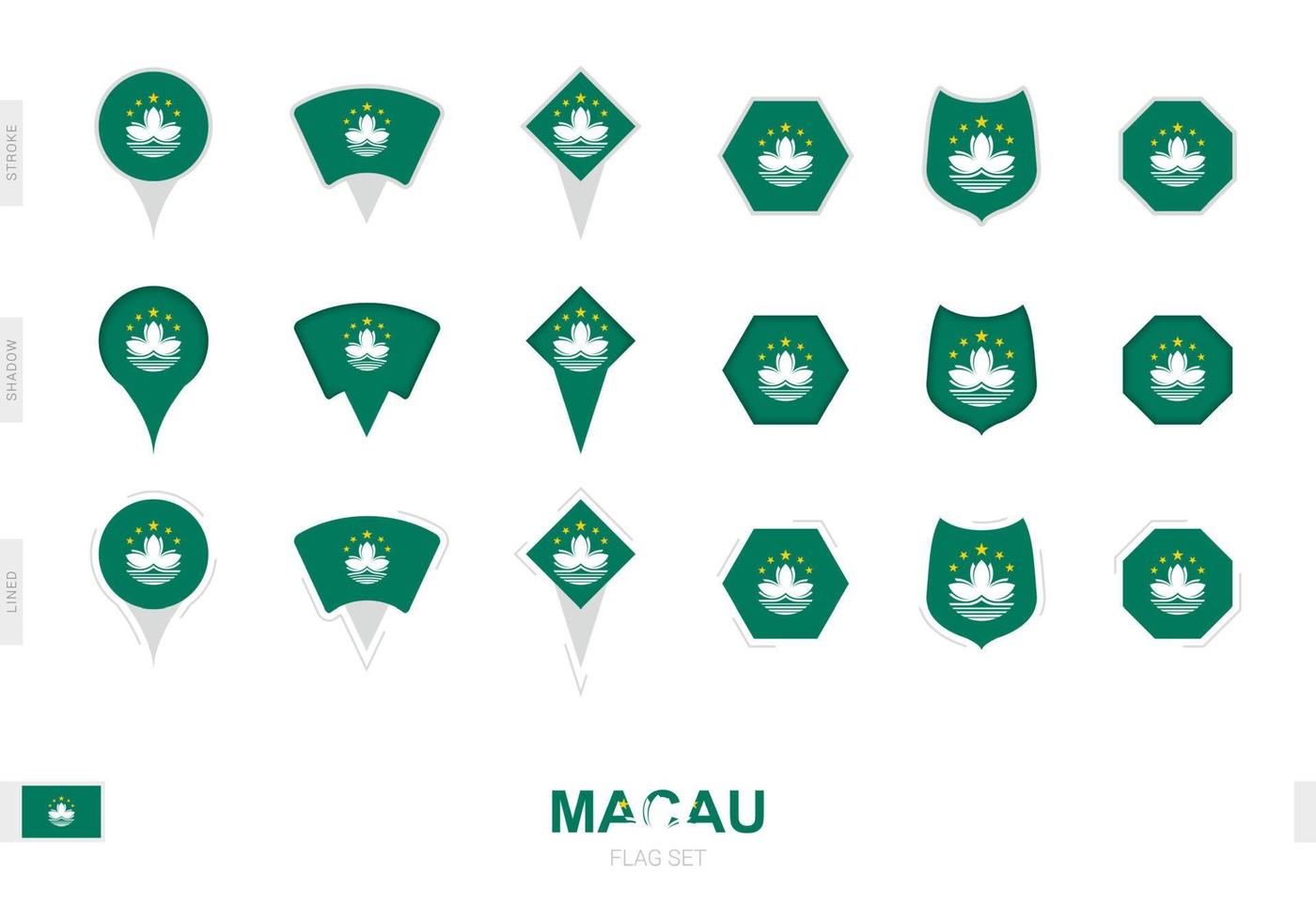 collection du drapeau de macao sous différentes formes et avec trois effets différents. vecteur