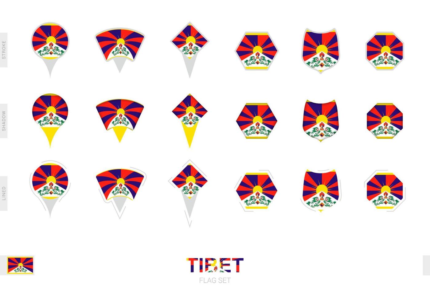 collection du drapeau du tibet sous différentes formes et avec trois effets différents. vecteur