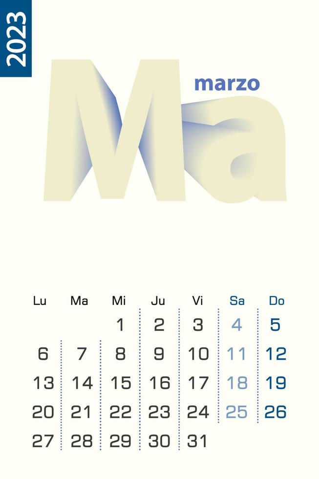 modèle de calendrier minimaliste pour mars 2023, calendrier vectoriel en langue espagnole.