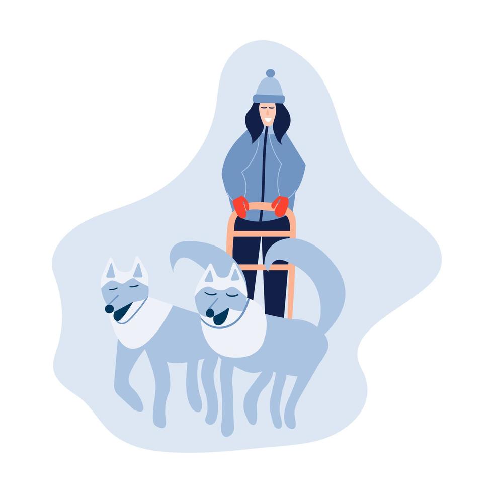 femme musher équitation traîneau à chiens équipe. une femme heureuse chevauche un traîneau à chiens d'équipe husky. illustration vectorielle de stock. vecteur