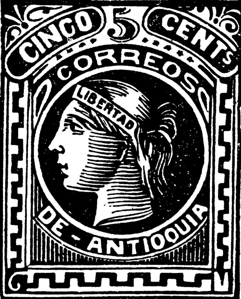 antioquia, timbre cinco centavos de la république colombienne, 1883, illustration vintage vecteur