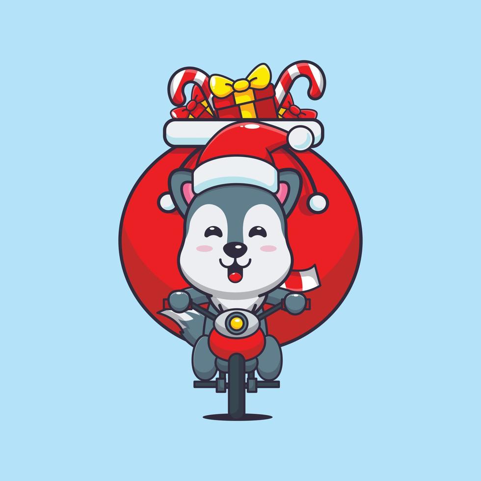 loup mignon transportant un cadeau de noël avec une moto. illustration de dessin animé de noël mignon. vecteur