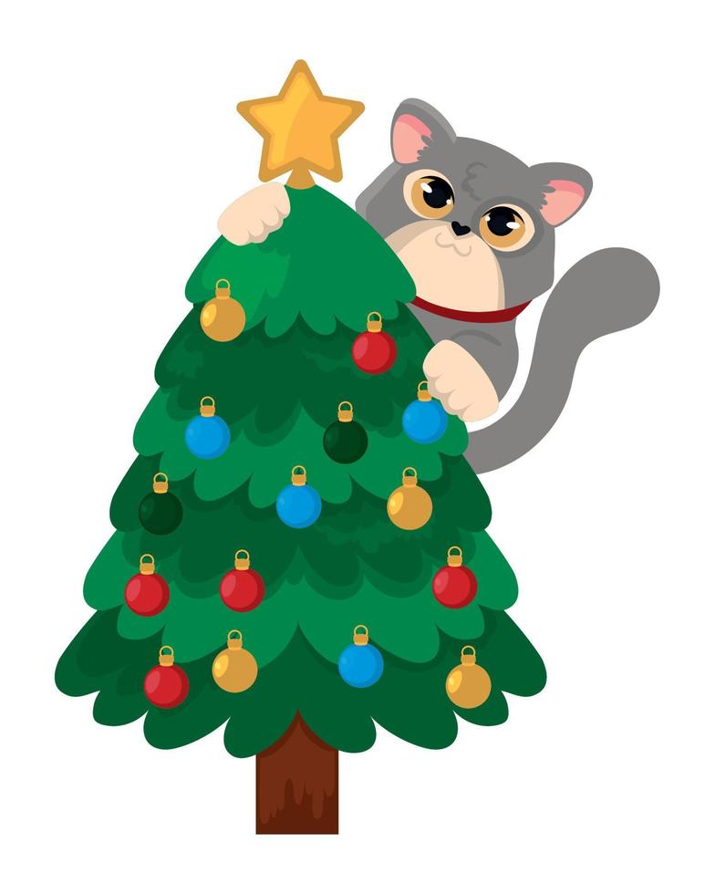 chat et arbre de Noël vecteur