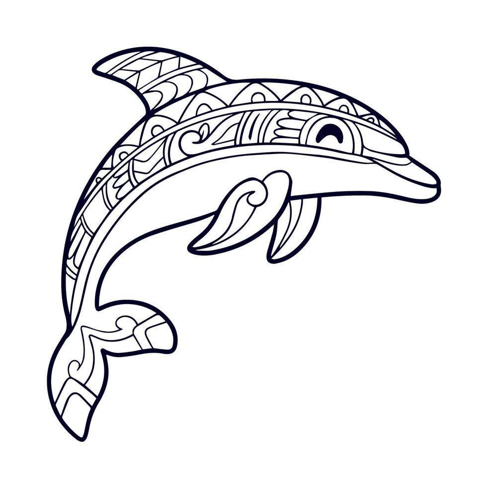 Arts du mandala de dessin animé de dauphin isolés sur fond blanc vecteur