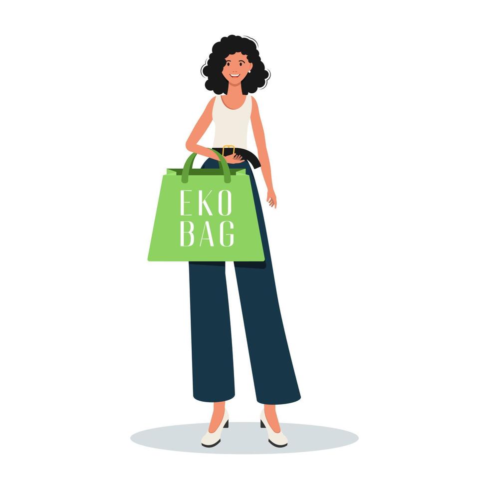 le concept de sacs écologiques et de plastique. une femme tient un éco-paquet dans ses mains. isolé sur blanc vecteur