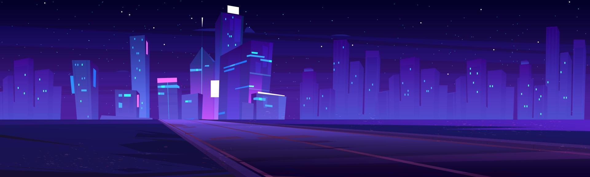 route vers la ville de nuit, autoroute vide, horizon violet vecteur