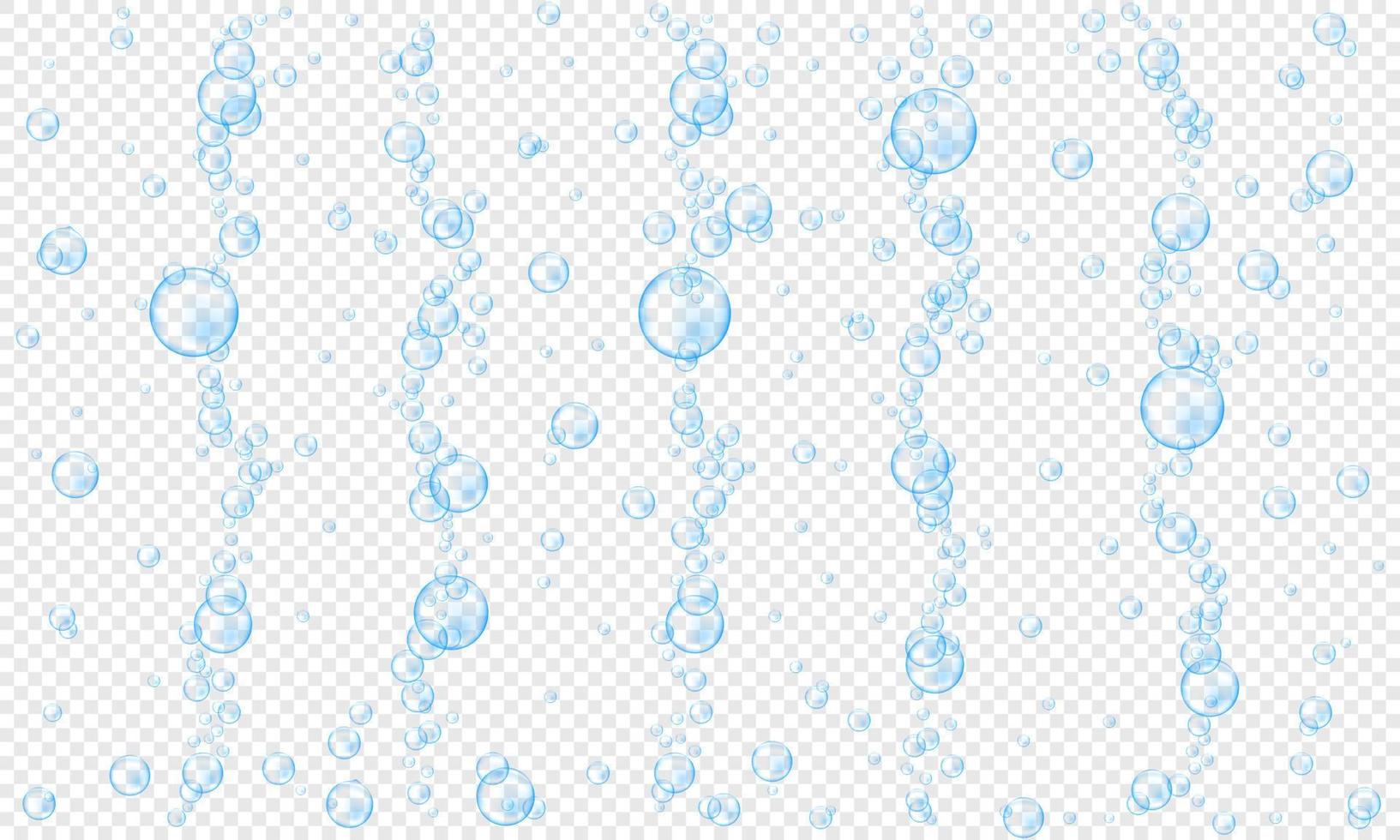 bulles d'oxygène bleu sur fond transparent. texture de boisson gazeuse gazeuse. flux d'air d'eau dans la mer ou l'aquarium vecteur