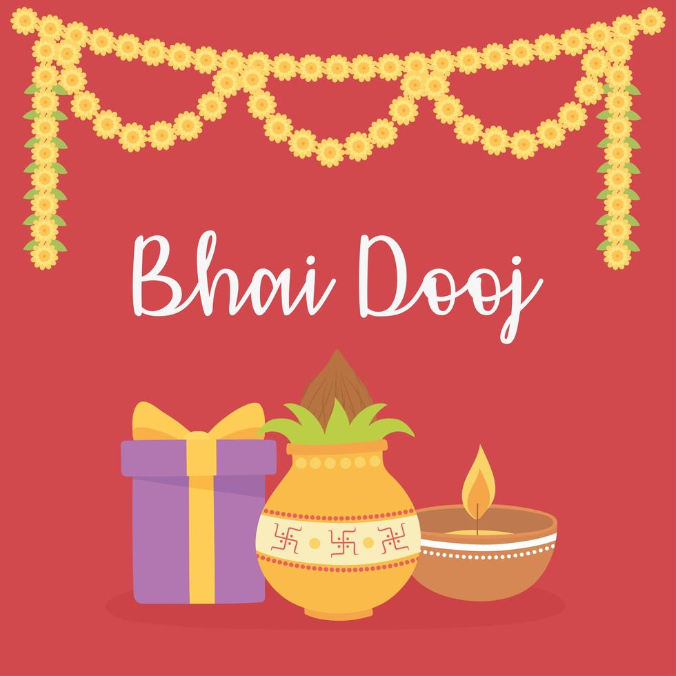 heureux bhai dooj. décoration de cadeaux, de nourriture, de lumière et de fleurs vecteur