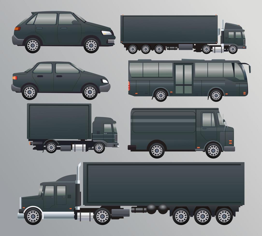 ensemble de véhicules de transport noirs mis icônes vecteur
