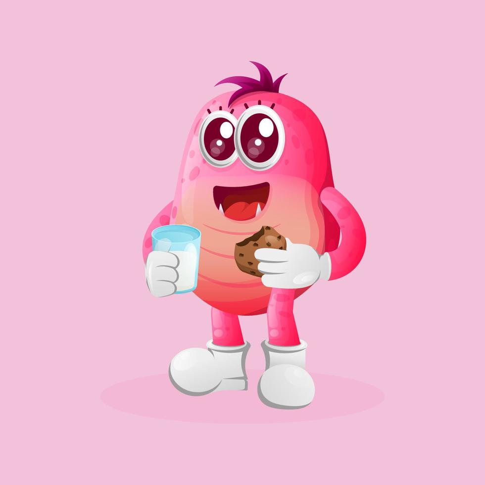 mignon monstre rose boire du lait et manger des biscuits vecteur