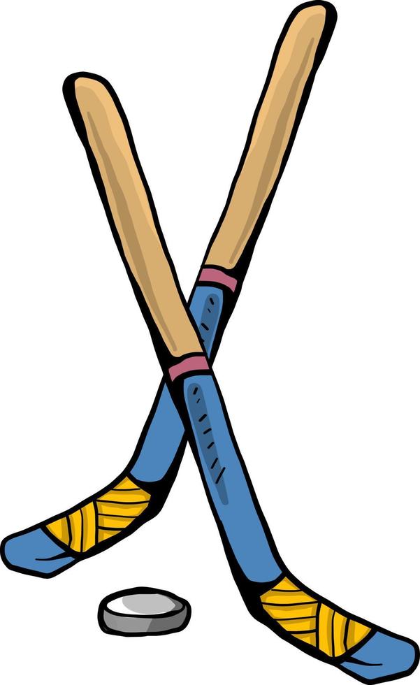 Bâtons de hockey bleu et une rondelle , illustration, vecteur sur fond blanc