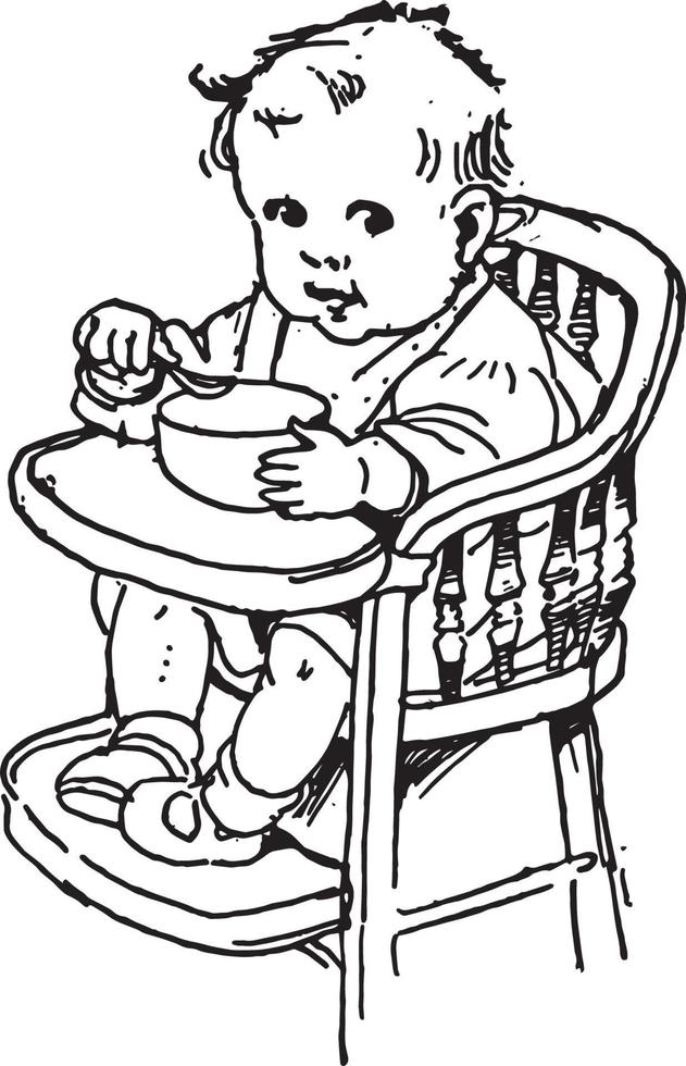 bébé mangeant dans un bol sur sa chaise haute sur cette photo, gravure vintage. vecteur