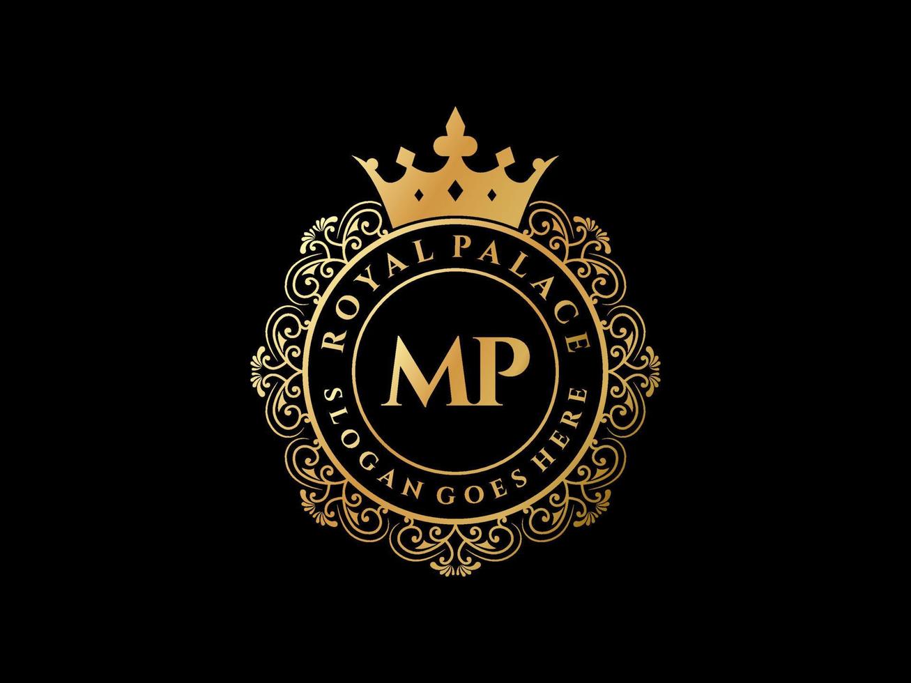 lettre mp logo victorien de luxe royal antique avec cadre ornemental. vecteur