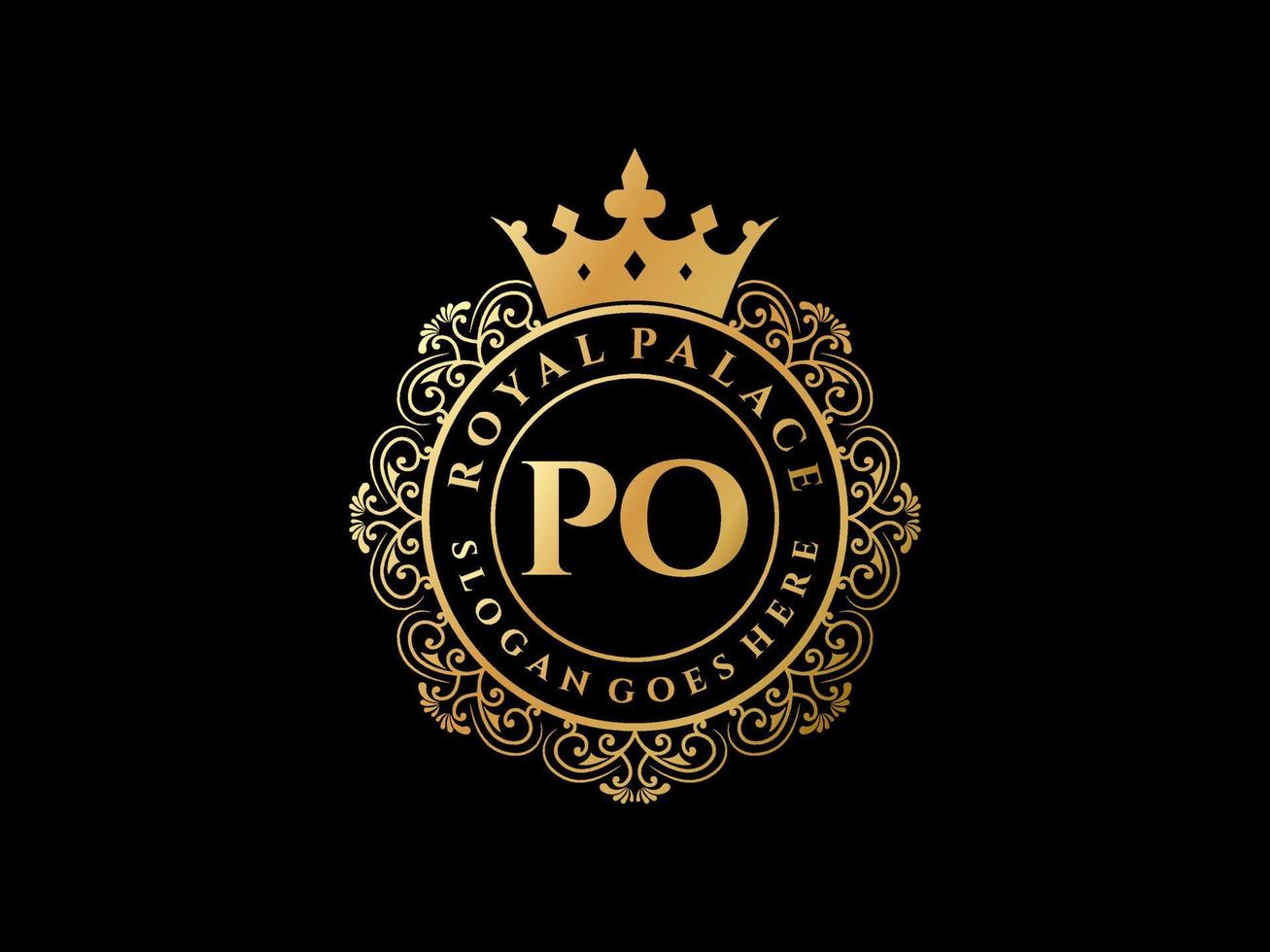 lettre po logo victorien de luxe royal antique avec cadre ornemental. vecteur