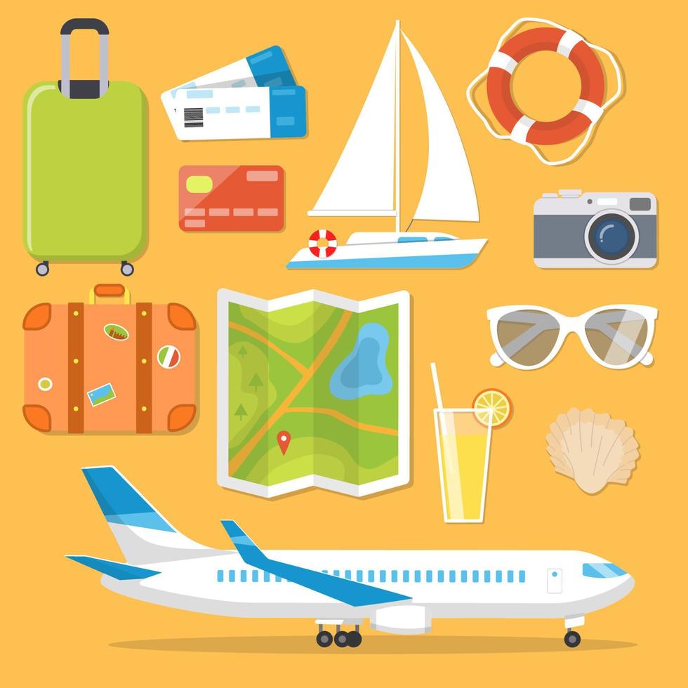 ensemble d'éléments isolés sur le thème du voyage et des loisirs, bagages, billets, avion, yacht, lunettes de soleil, appareil photo, bouée de sauvetage, coquillage. vecteur