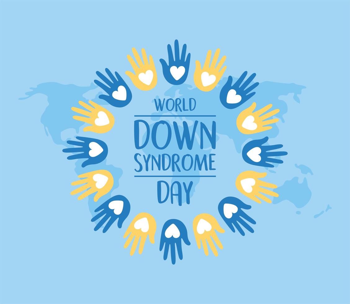 journée mondiale de la trisomie 21. mains sur fond de carte vecteur