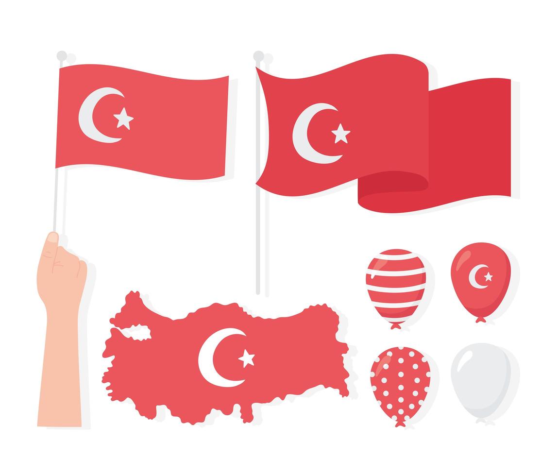 jour de la république de Turquie. carte, drapeaux, ballons et icônes vecteur