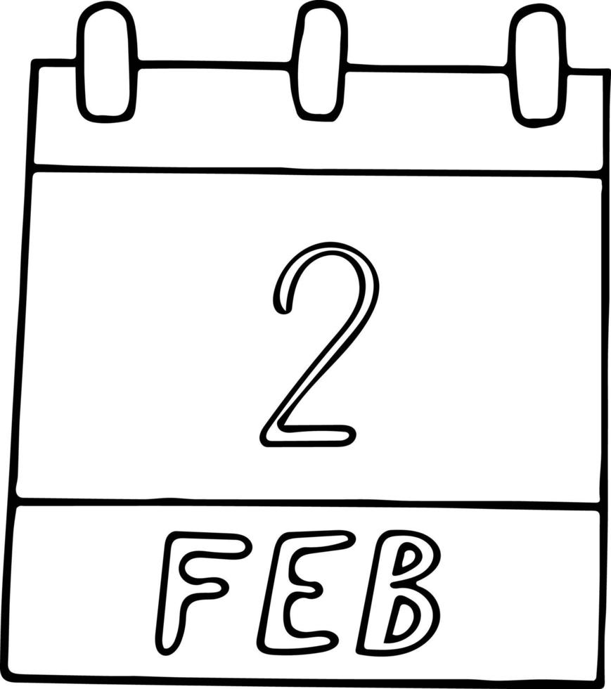 calendrier dessiné à la main dans un style doodle. 2 février. jour de la marmotte, zones humides du monde, date. icône, élément autocollant pour la conception. planification, vacances d'affaires vecteur