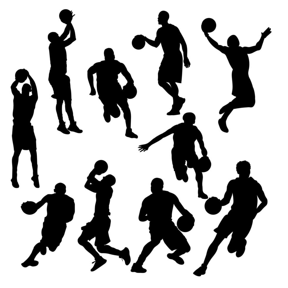 silhouette, de, joueur basket-ball, à, balle, tir, dunk vecteur
