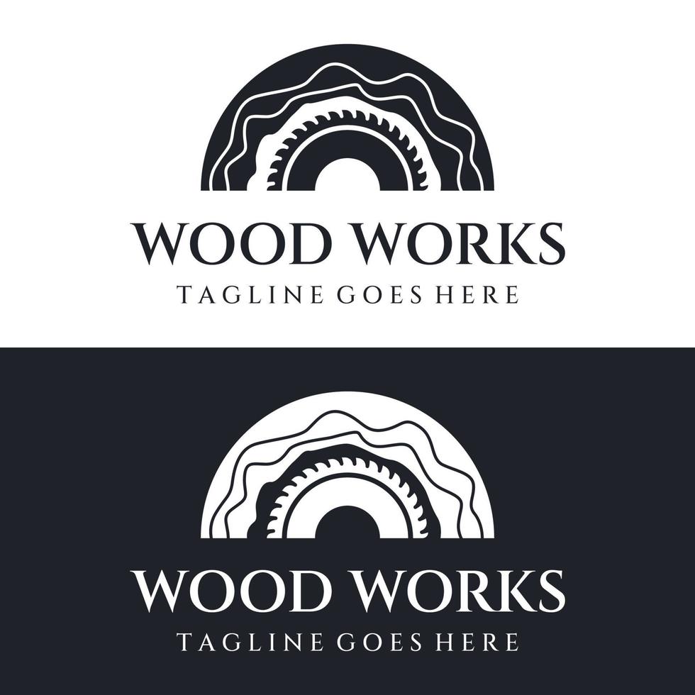 conception créative du logo en bois et fibre naturelle, charpentier et planche de bois avec outil d'artisan scie. illustration vectorielle. vecteur