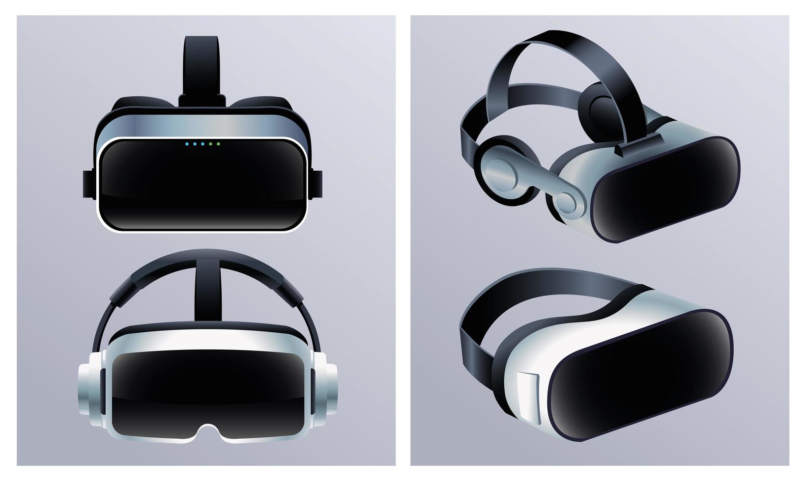 quatre accessoires de masques de réalité virtuelle avec fond gris vecteur