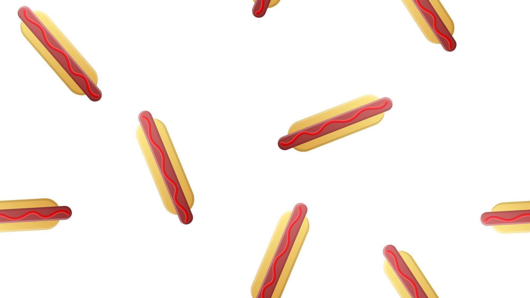 hot-dog sur fond blanc, illustration vectorielle, motif. petit pain avec saucisse, ketchup. collation préférée. papier peint pour restaurant, café, décor de cuisine. décoration de la zone de cuisson vecteur