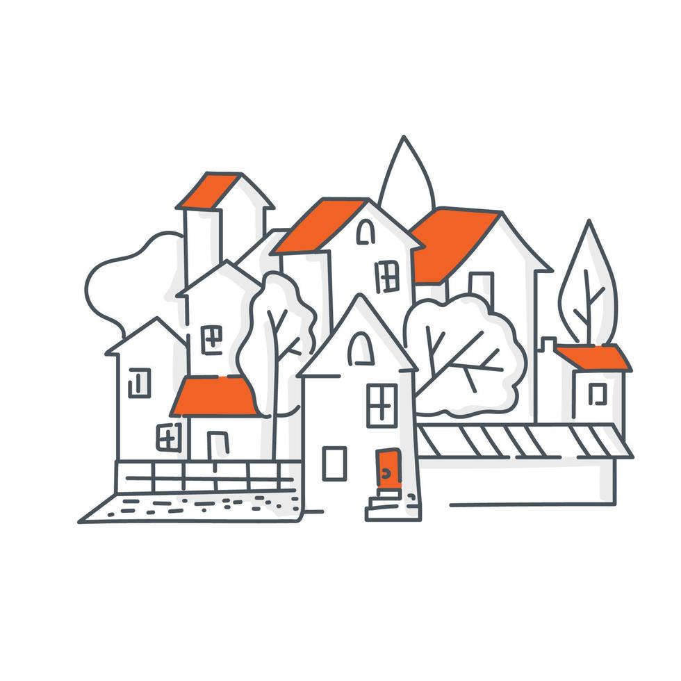 mobilset de maisons toits orange icône arbres dessin au trait contour vecteur