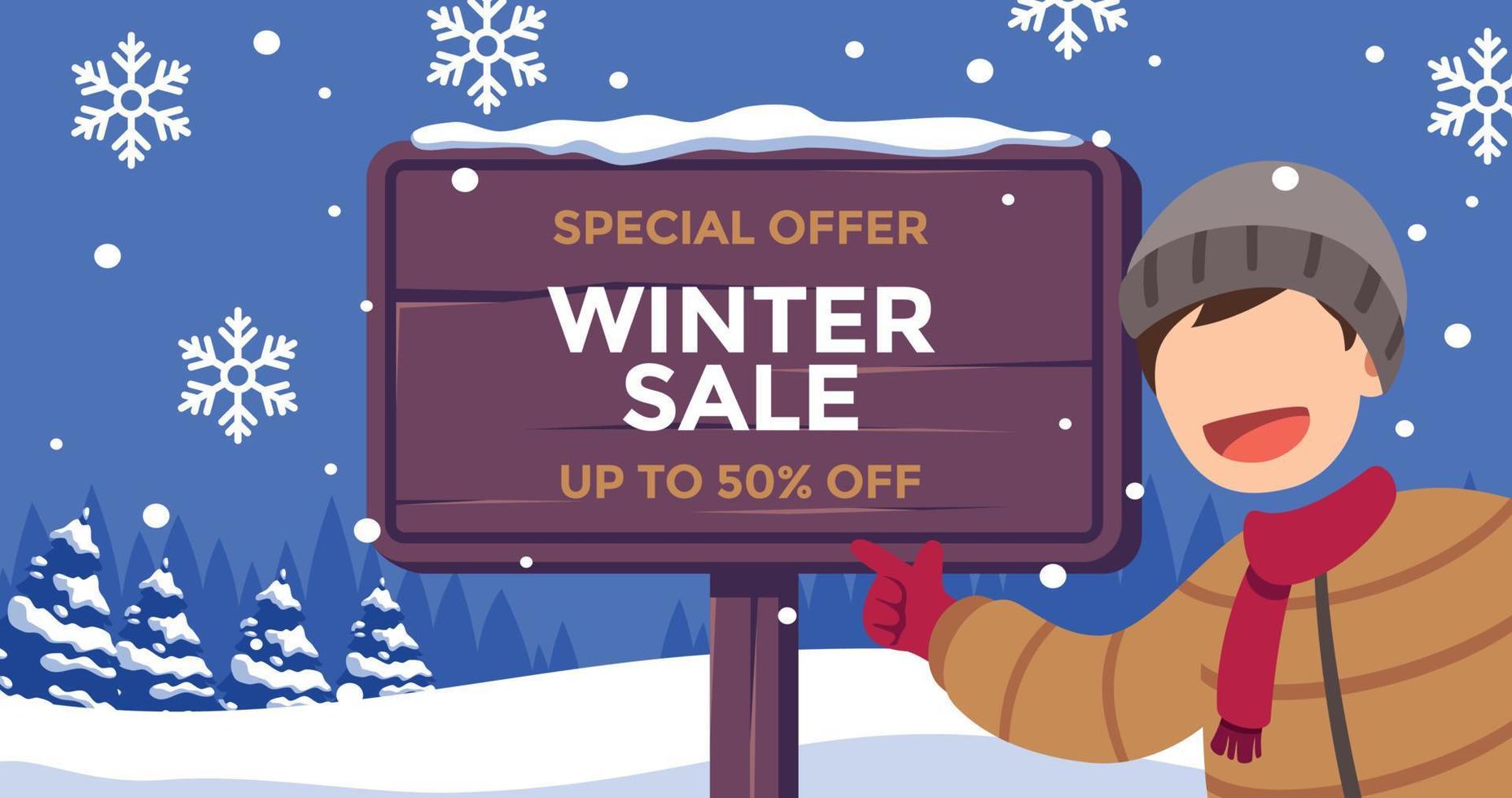 offre spéciale modèle de bannière de vente d'hiver avec illustration de personnes souriantes vecteur