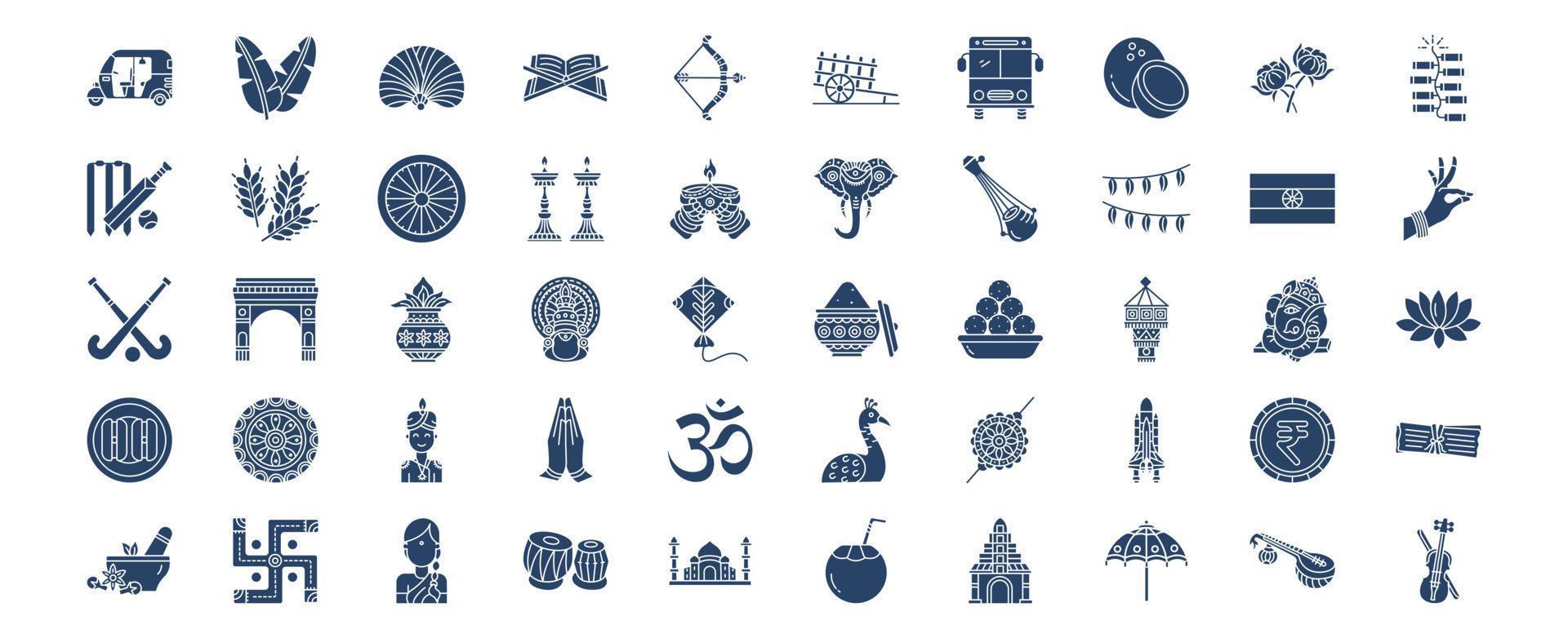 collection d'icônes liées au pays et à la culture de l'inde, y compris des icônes comme la feuille de bananier, la noix de coco, le hokey, l'éléphant et plus encore. illustrations vectorielles, ensemble parfait de pixels vecteur