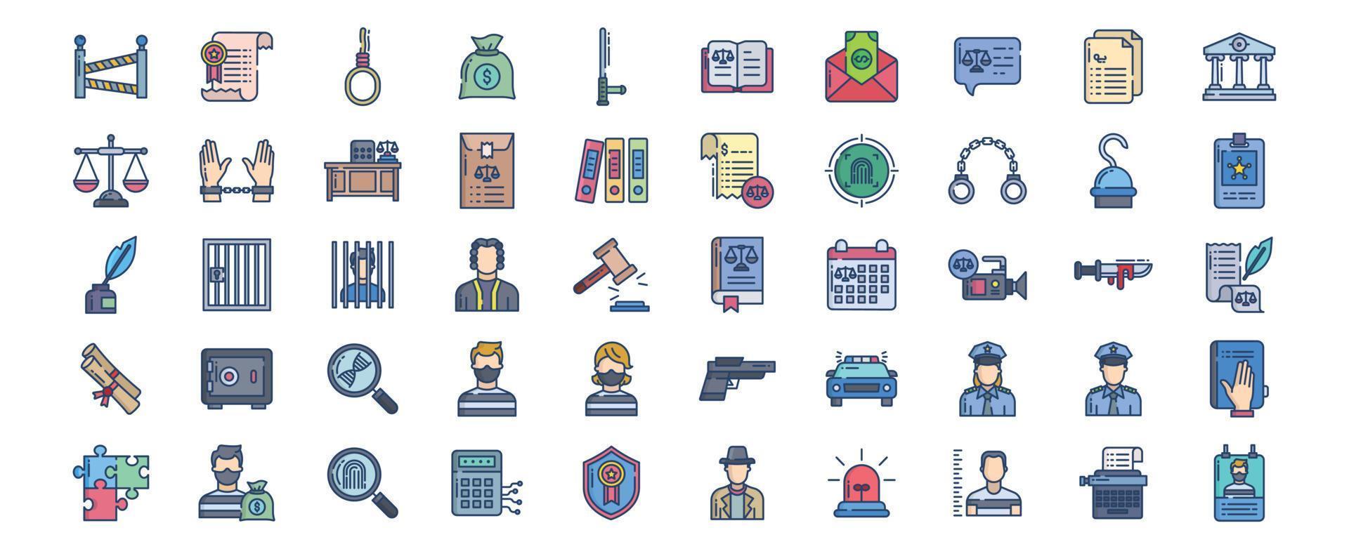 collection d'icônes liées au droit et au crime, y compris des icônes comme la police, la garde à vue, le tribunal, les menottes et plus encore. illustrations vectorielles, ensemble parfait de pixels vecteur