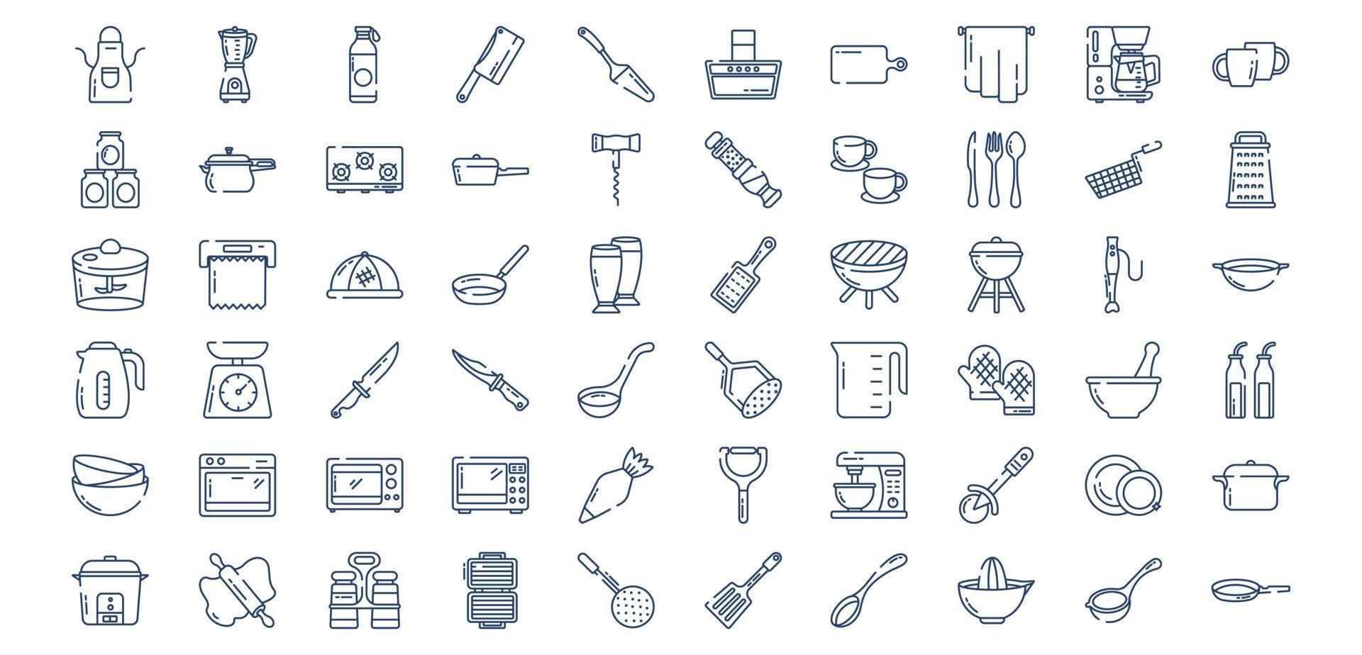 collection d'icônes liées aux ustensiles de cuisine, y compris des icônes comme un tablier, un couteau de boucher, une cuisinière, une tasse à café et plus encore. illustrations vectorielles, ensemble parfait de pixels vecteur