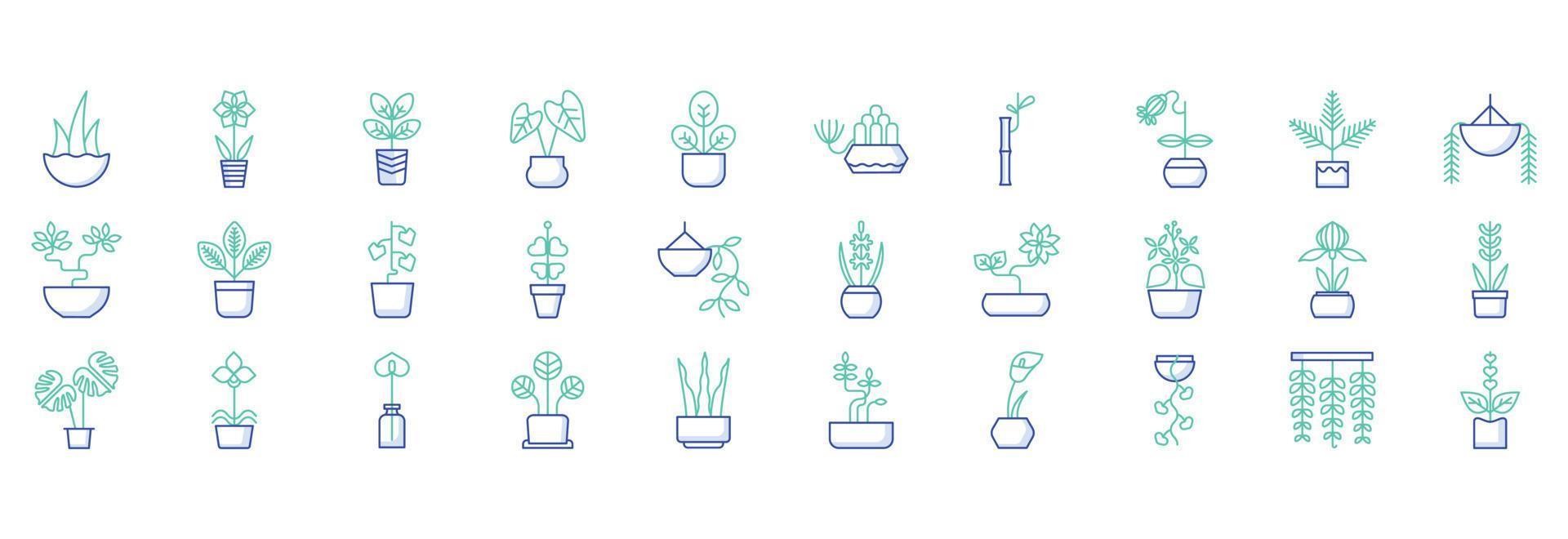collection d'icônes liées aux plantes d'intérieur, y compris des icônes comme le bonsaï, le croton, l'amaryllis, le bambou et plus encore. illustrations vectorielles, ensemble parfait de pixels vecteur