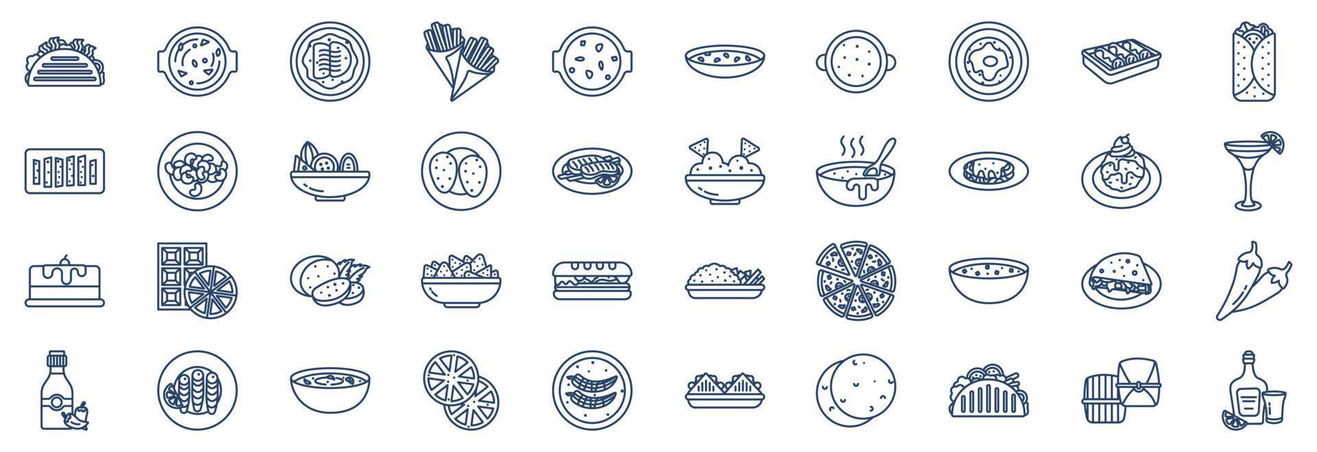 collection d'icônes liées à la cuisine mexicaine, y compris des icônes comme la soupe, le cocido, le churro, le duros, la fajita et plus encore. illustrations vectorielles, ensemble parfait de pixels vecteur