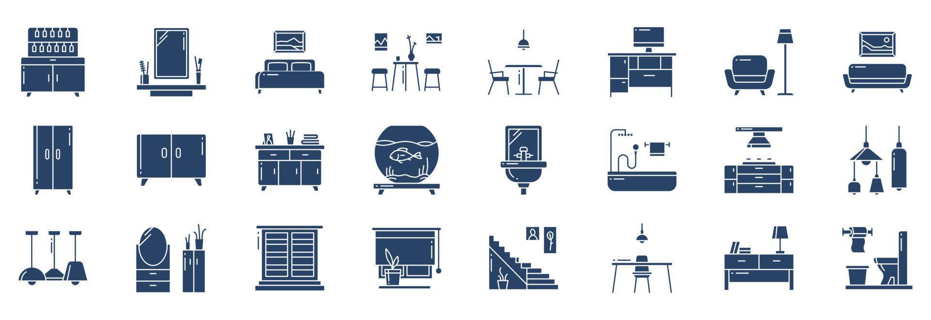 collection d'icônes liées à la décoration intérieure et à la maison, y compris des icônes comme bar, lit, table basse, canapé et plus encore. illustrations vectorielles, ensemble parfait de pixels vecteur
