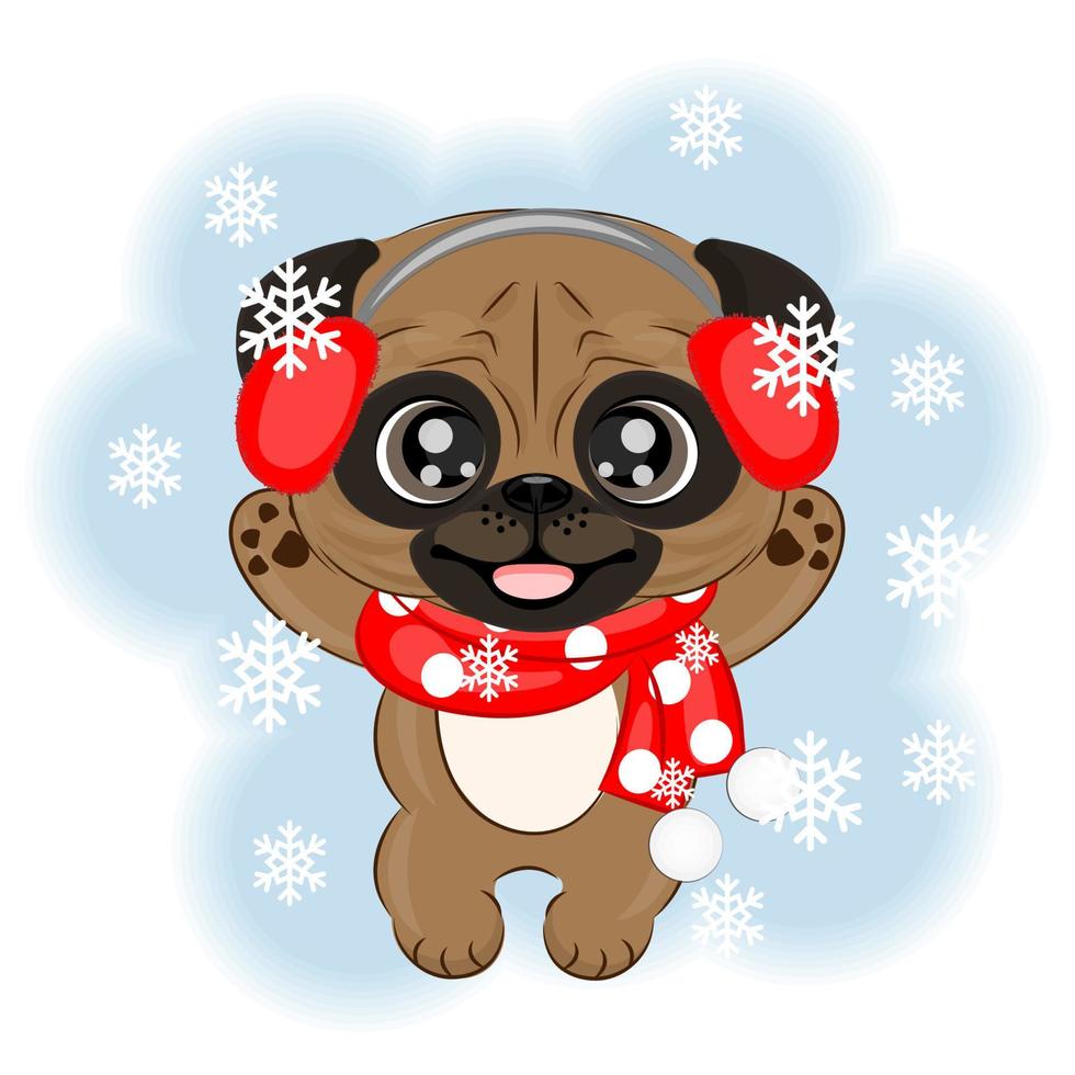 mignon chien pug en vêtements d'hiver illustration vectorielle de noël vecteur
