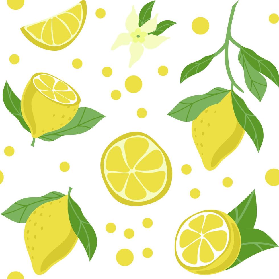 modèle sans couture de citrons lumineux, éléments dessinés à la main. l'été. citrons jaunes avec feuilles et fleurs sur fond blanc. limonade. adapté aux textiles et aux emballages vecteur