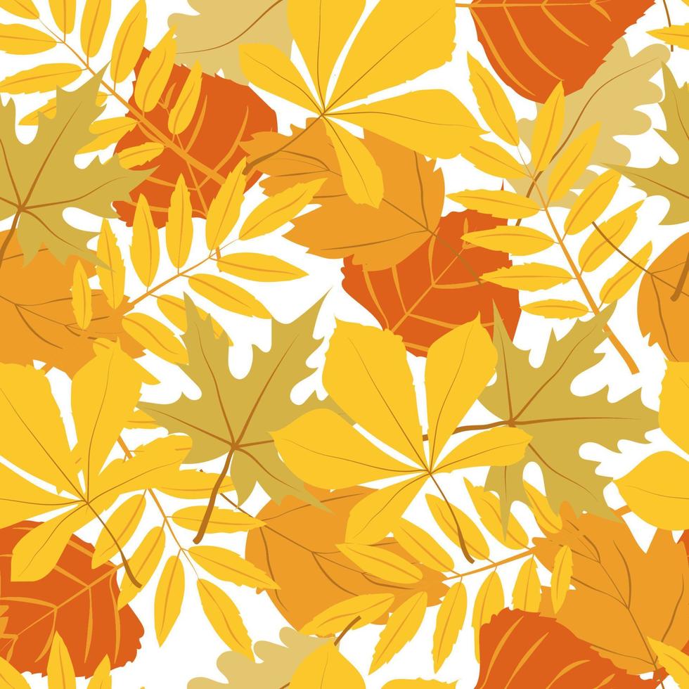 un motif harmonieux de feuilles d'automne, d'éléments de style doodle dessinés à la main. feuilles d'érable, de chêne et de tremble brillantes. un tapis de feuilles d'automne. action de grâces. retour à l'école pour les enfants. Halloween. l'automne vecteur