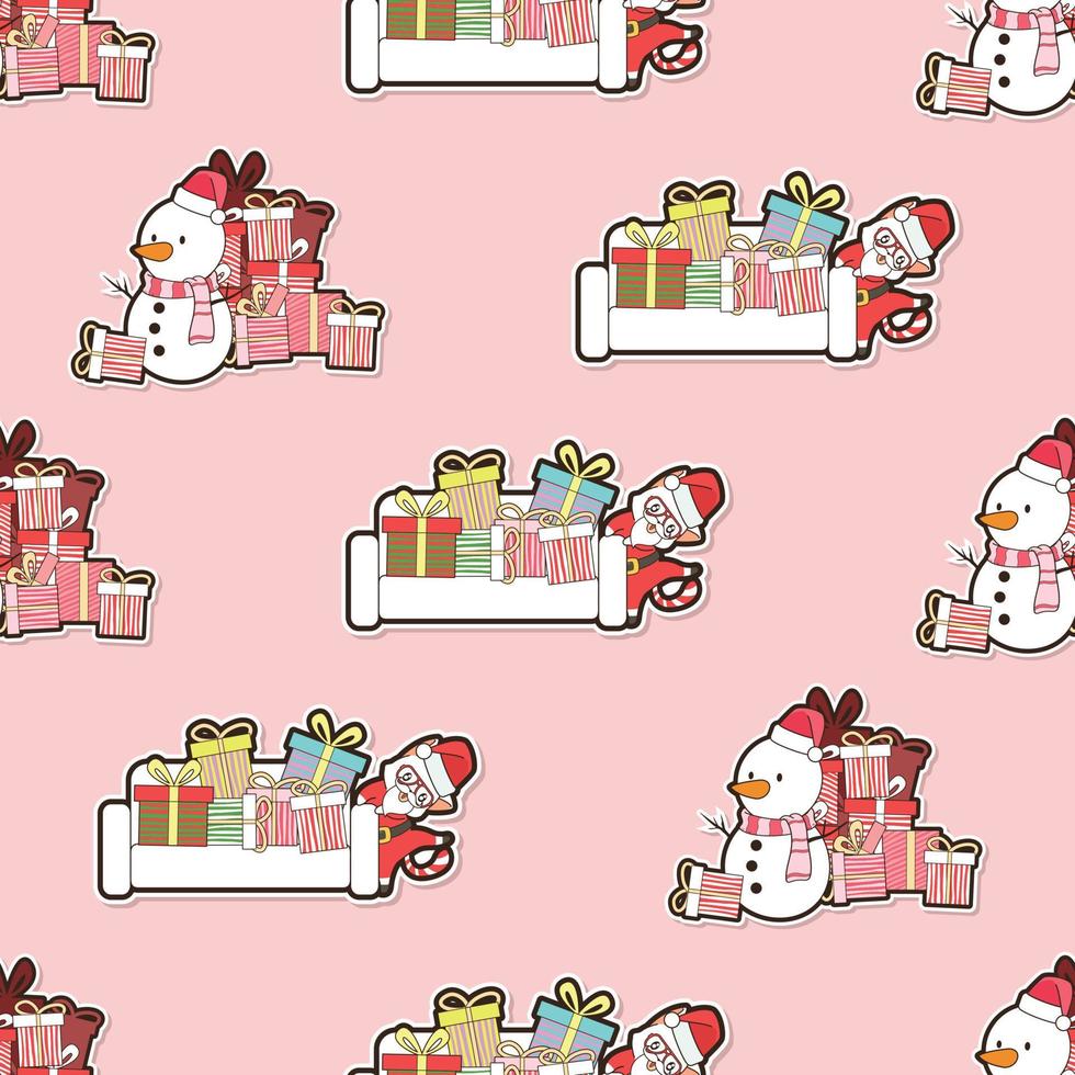 chat de santa et cadeaux avec motif sans couture de dessin animé de noël vecteur