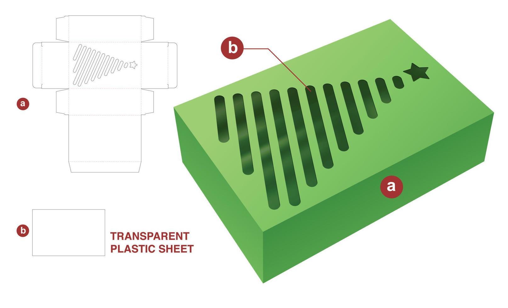 boîte et fenêtre d'arbre de noël avec modèle de découpe de feuille de plastique transparent et maquette 3d vecteur