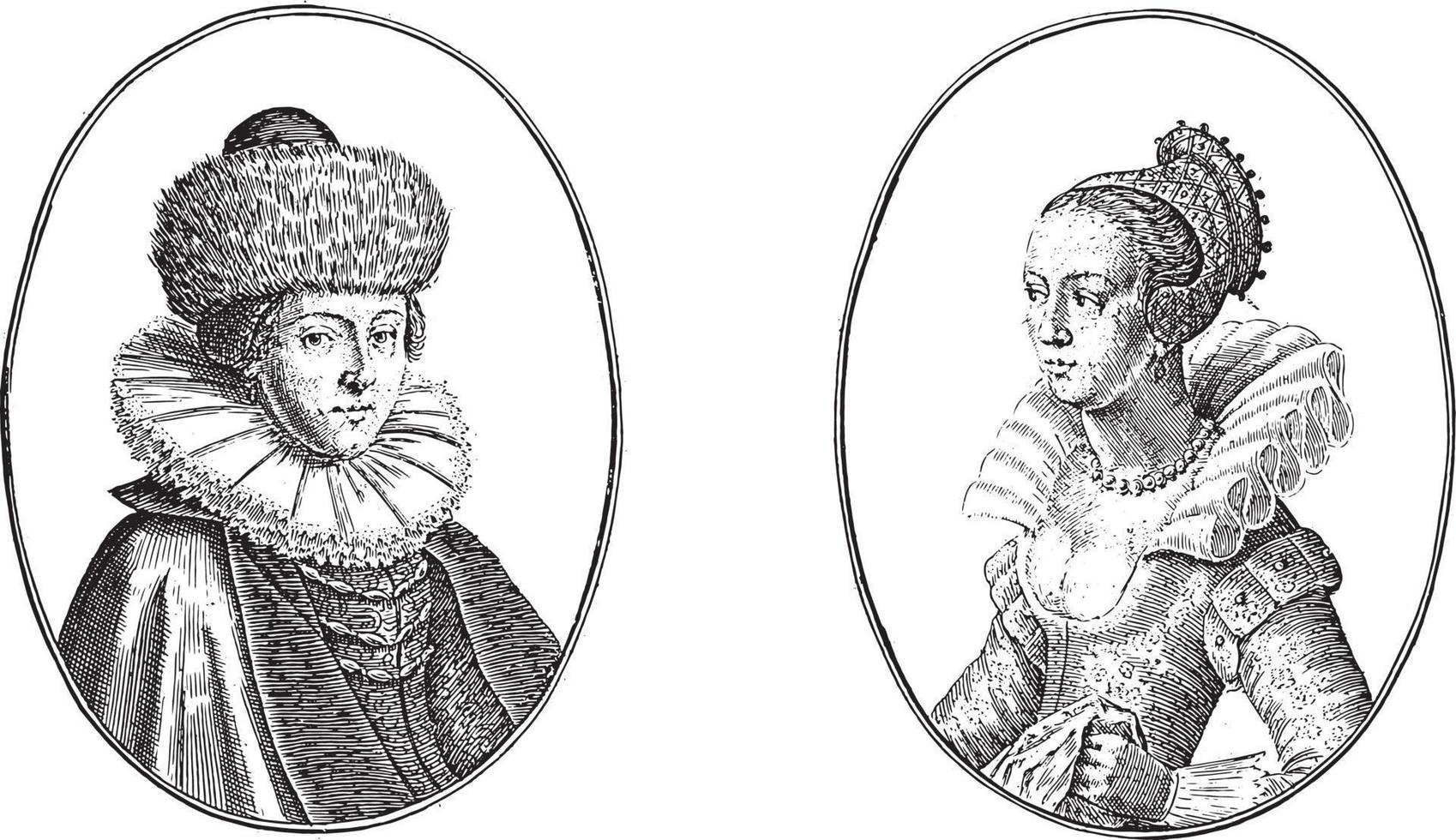 portraits des courtisanes appelées danois wywodin et karne ad, illustration vintage. vecteur