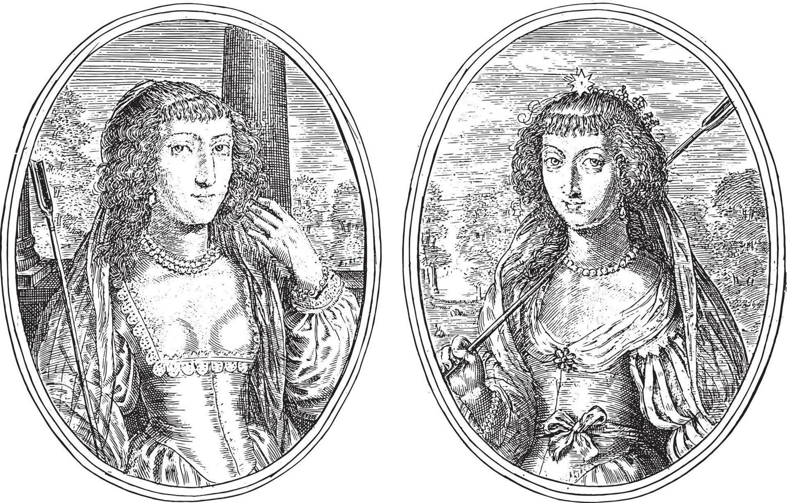 portraits de louisa francisca de guzman et d'une femme inconnue de haut rang, illustration vintage. vecteur