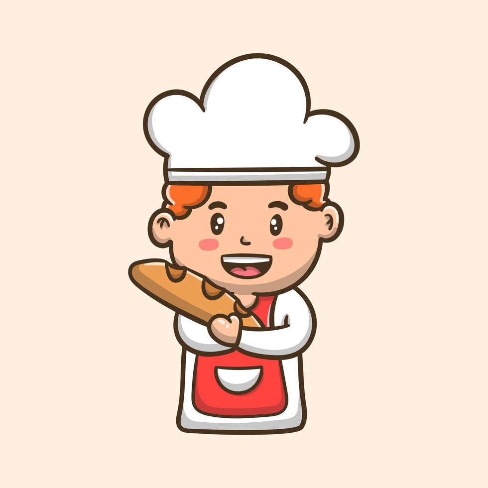 chef de dessin animé mignon personnage apporter du pain vecteur