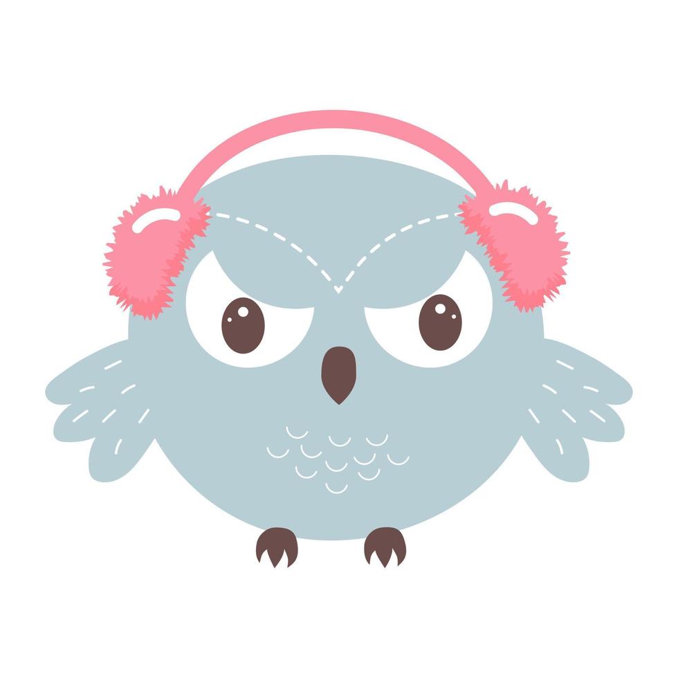 mignon hibou insatisfait drôle dans les écouteurs d'hiver. personnage de dessin animé d'oiseau forestier. vecteur