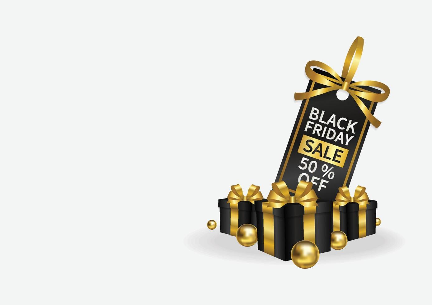 étiquette de prix de vente vendredi noir avec ruban d'or et boîte de cadeaux conception de bannière de fond blanc vecteur