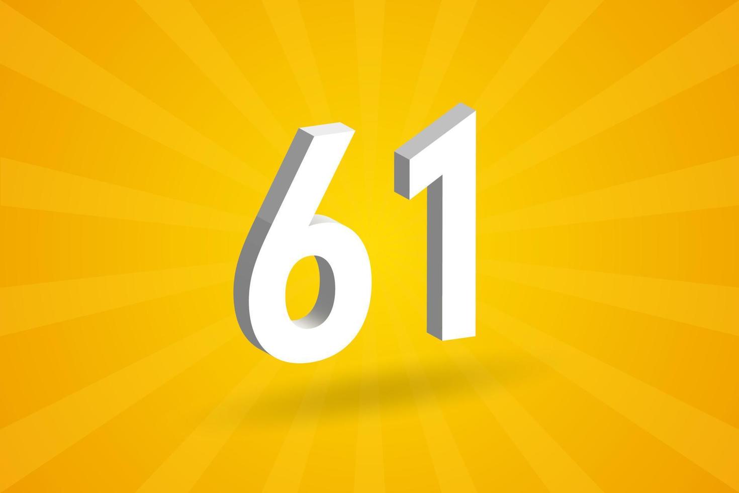 alphabet de police 3d 61 chiffres. numéro 3d blanc 61 avec fond jaune vecteur