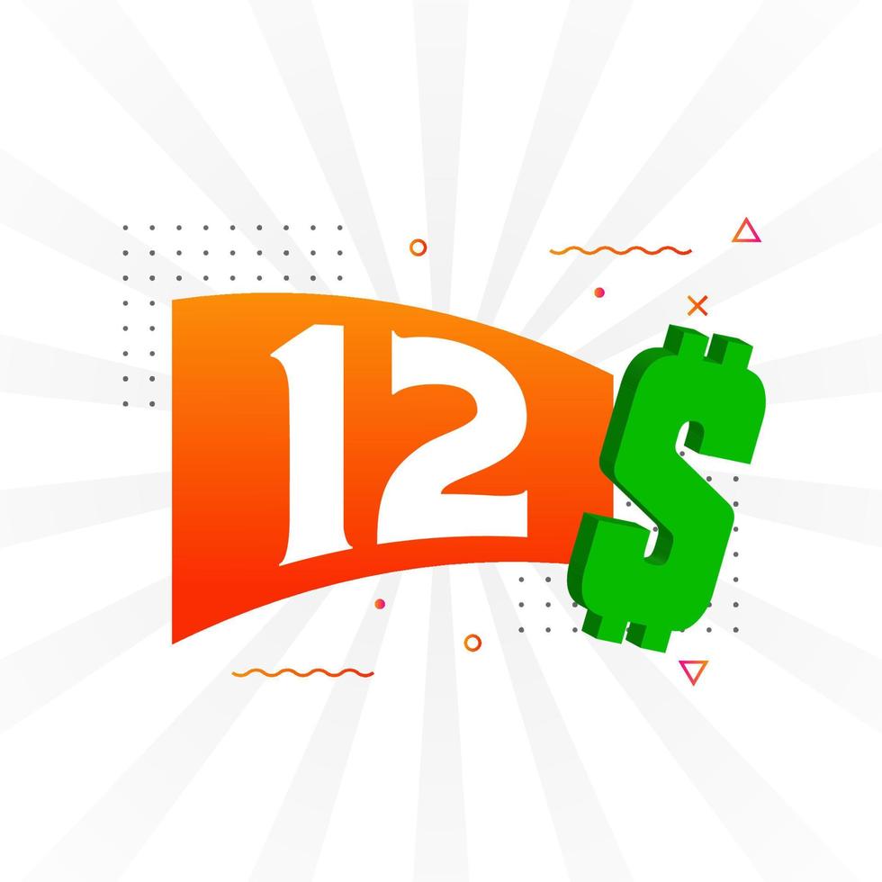 Symbole de texte vectoriel de devise de 12 dollars. 12 usd dollar des états unis vecteur de stock d'argent américain