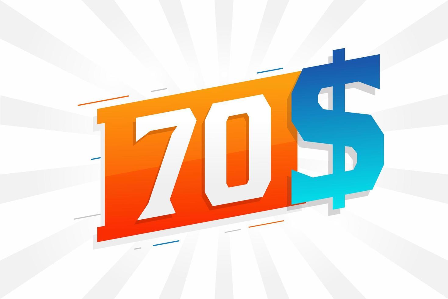 Symbole de texte vectoriel de devise de 70 dollars. 70 usd dollar américain argent vecteur de stock