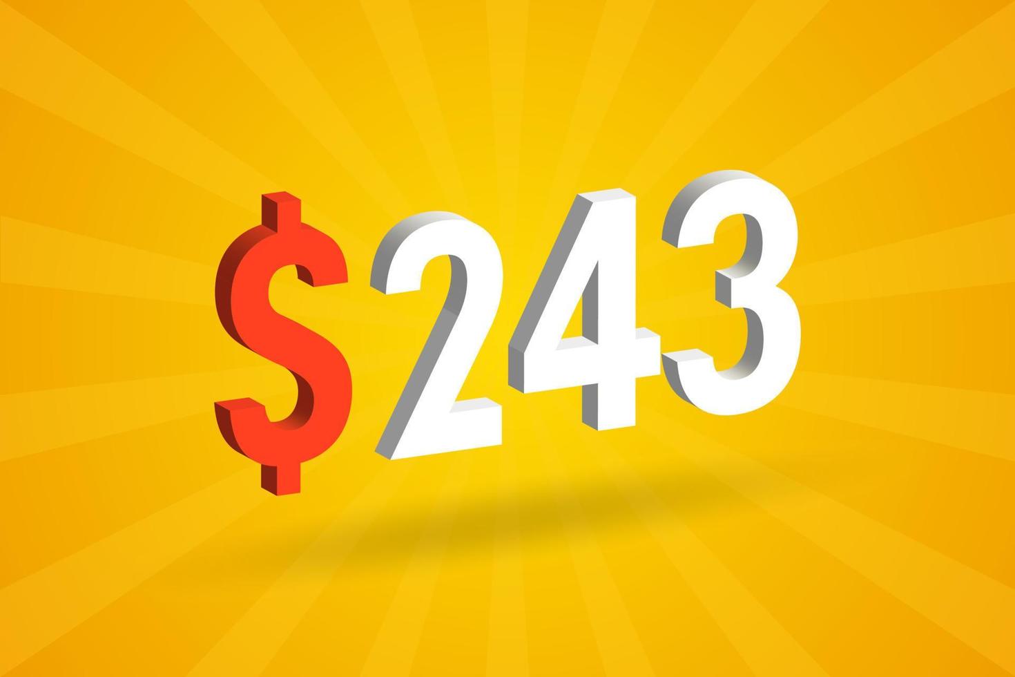 243 usd symbole de texte 3d. 243 dollars des états-unis 3d avec fond jaune vecteur de stock d'argent américain