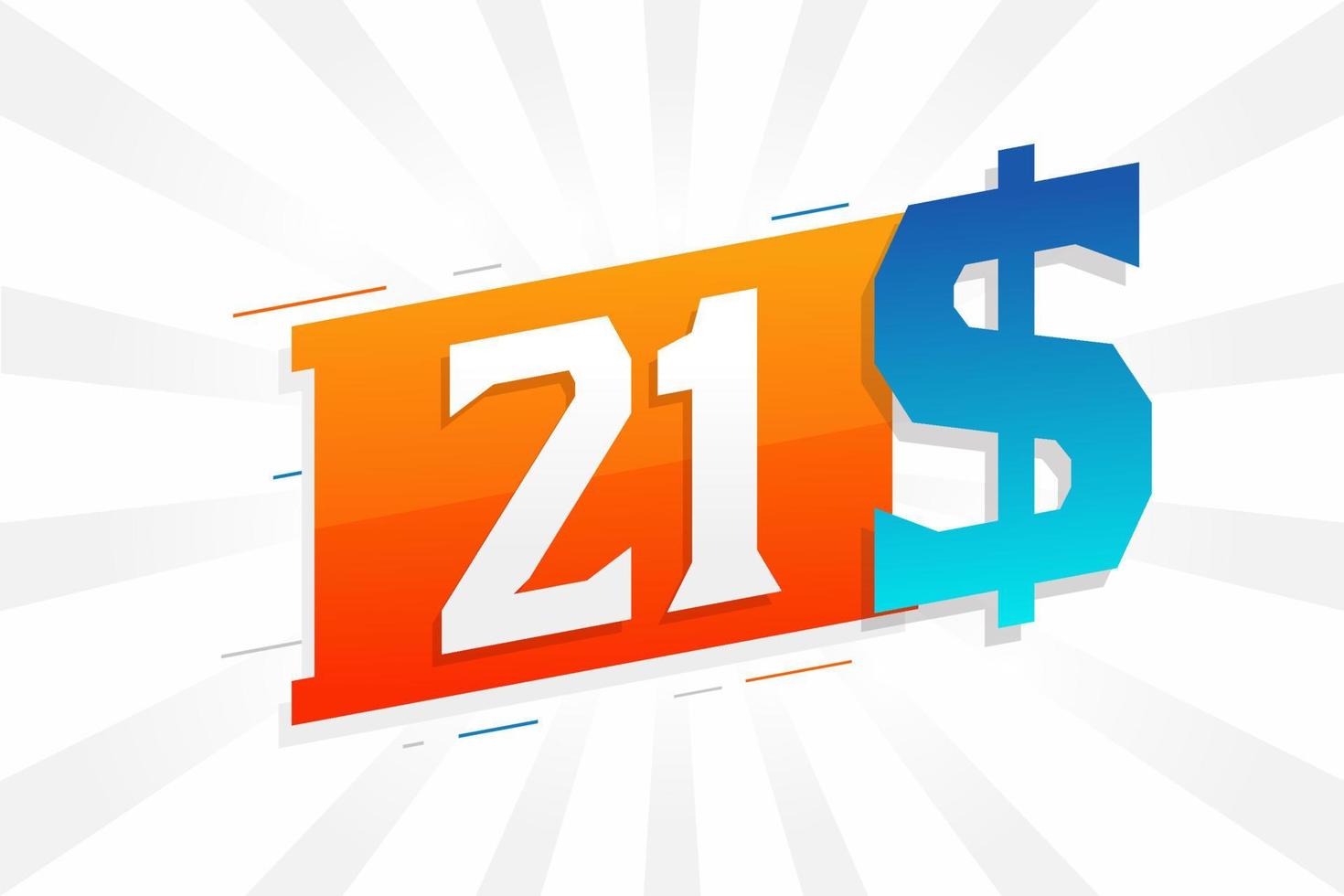 Symbole de texte vectoriel de devise de 21 dollars. 21 usd dollar des états unis vecteur de stock d'argent américain