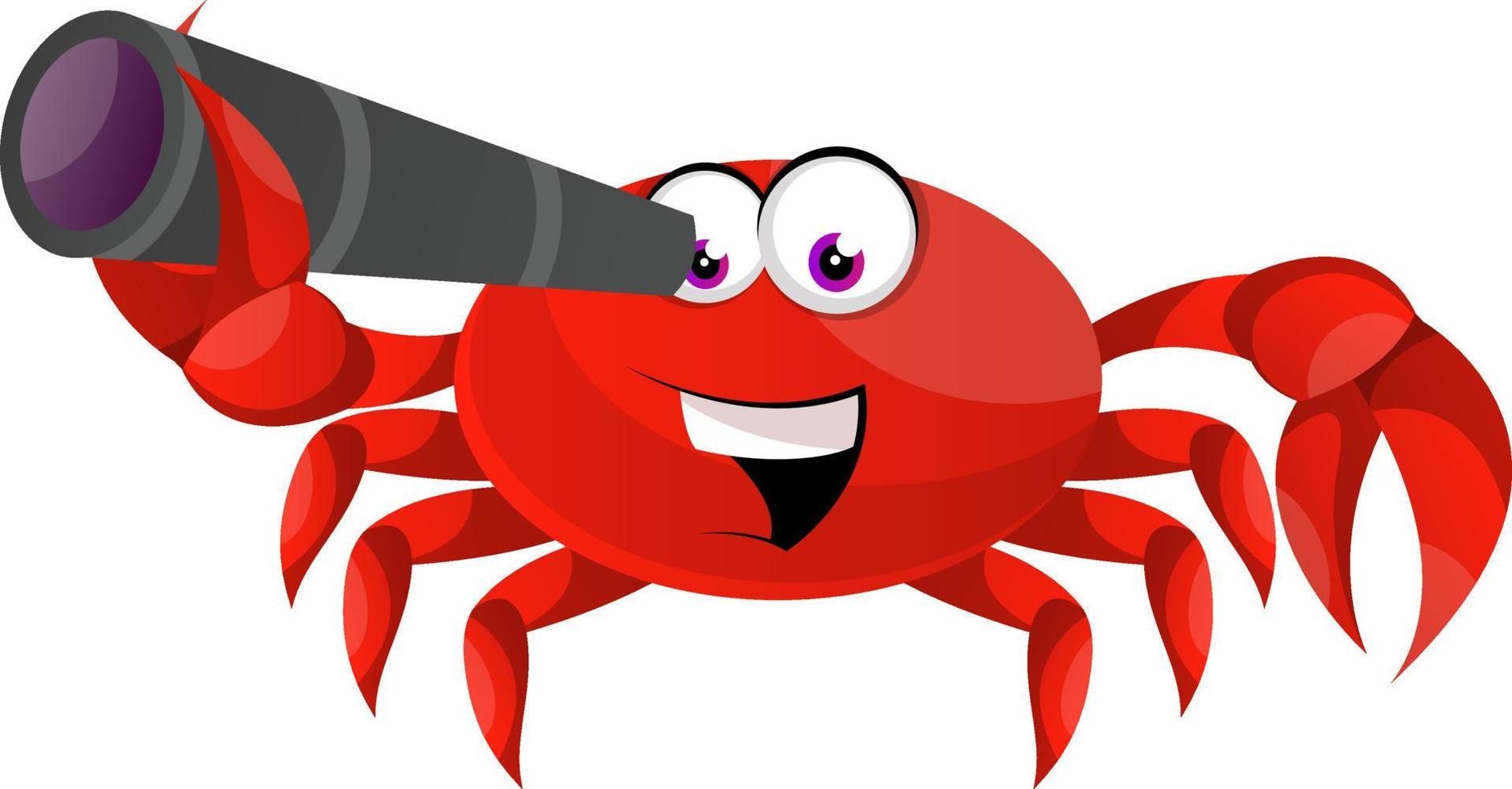 Crabe à la recherche avec télescope, illustration, vecteur sur fond blanc.